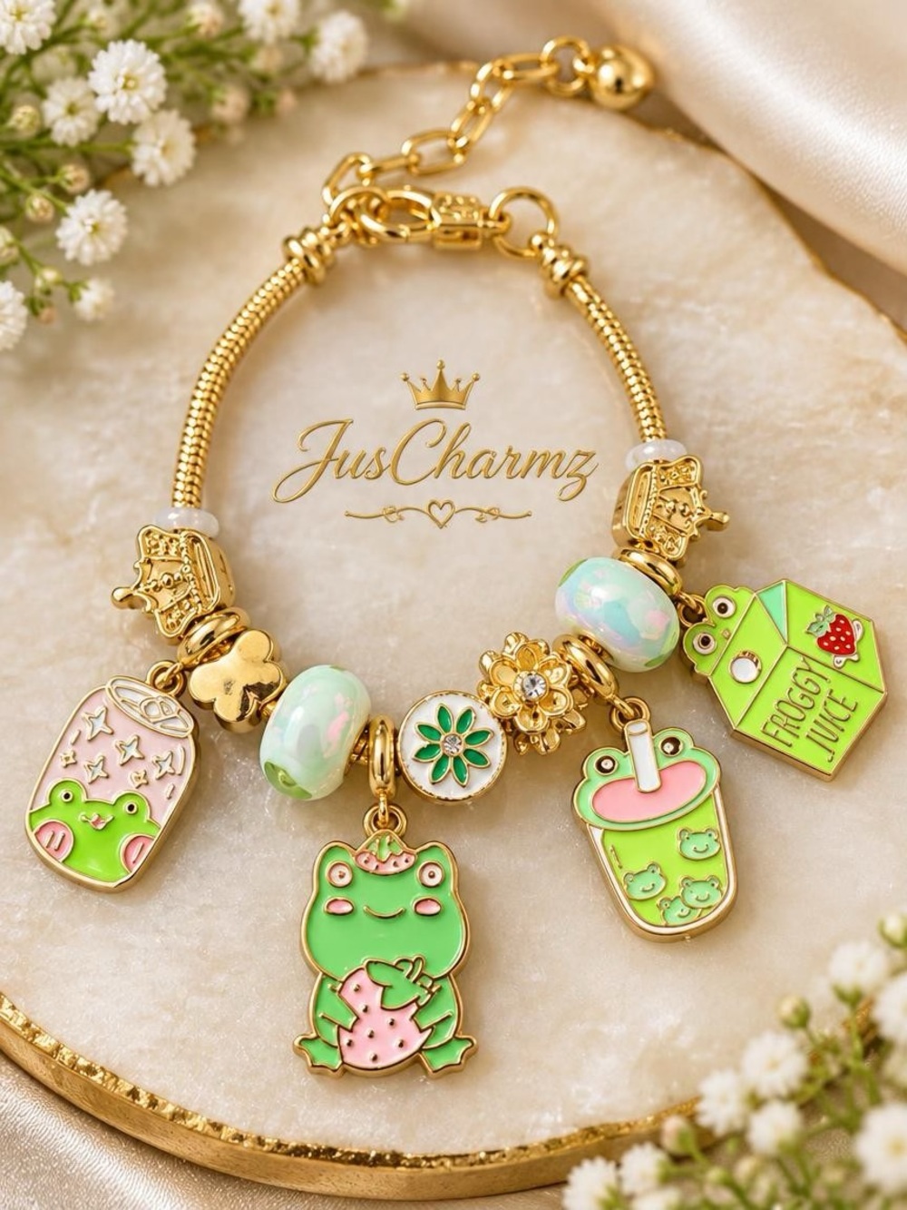 Kawaii Frog Charm Bracelet | Froggy Juice & Boba Enamel